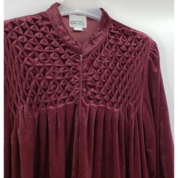 Cozee Corner Velvet Nightgown Size XL Burgundy Red Half Zip Smocked Pockets Maxi - Picture 4 of 7
